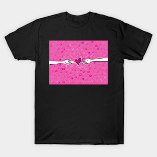 Hands touching a heart on hot pink background T-Shirt